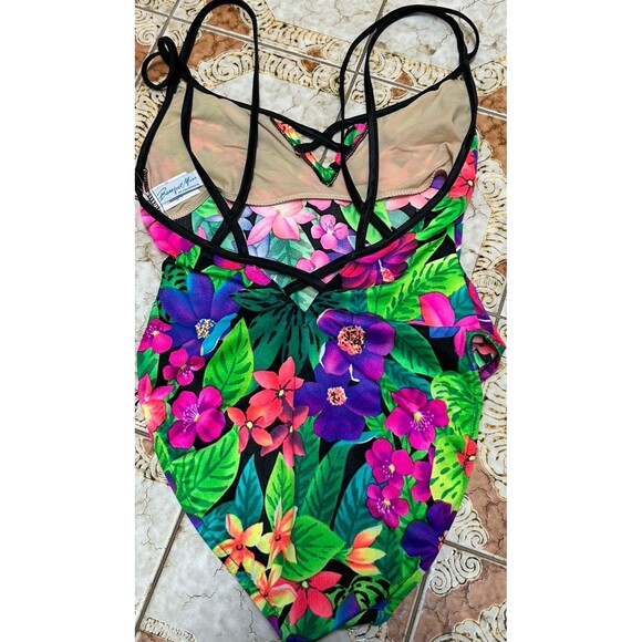 Vintage Barefoot Miss Swimsuit Size 7/8 Bold Tropical Strappy Back Made USA - Picture 2 of 8